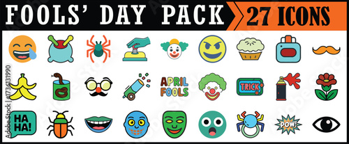April Fools Day icons collection cartoon set.
