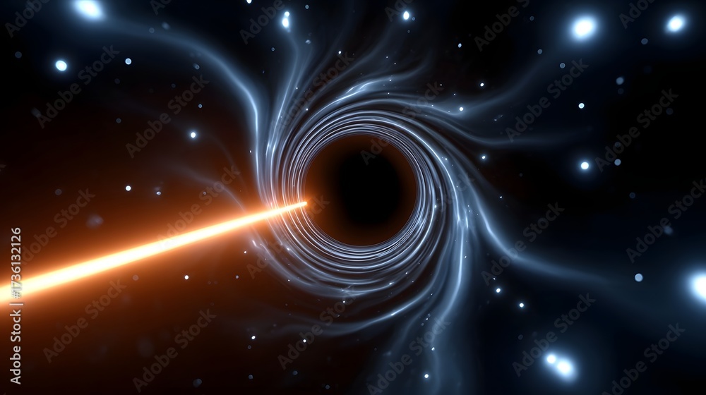 Obraz premium Stunning image showcasing the powerful cosmic energy beam emerging from the gravitational abyss of a swirling, luminous black hole in the depths of the universe.