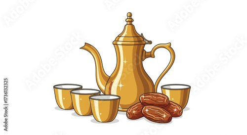 Ramadan Kareem: Golden Arabic Coffee Pot with Cups and Dates, Celebrating Iftar and Eid al-Fitr with Traditional Middle Eastern Hospitality.