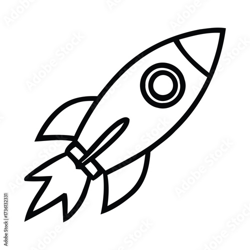 Simple Line Art Rocket Ship Ascending with Flame Trail. With spaceship, vector illustration. 