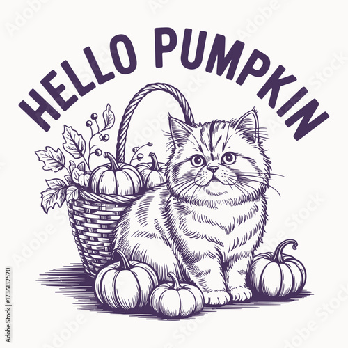 hello pumpkin cute cat with autumn pumpkins basket fall season pet lover halloween thanksgiving t shirt vector art