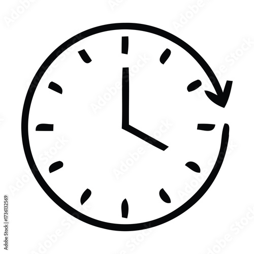 Simple line drawing of a clock with a circular arrow indicating time passing, time, clock, passing, duration, schedule, vector illustration. 
