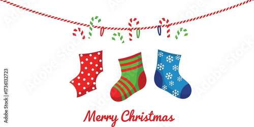 Festive christmas stockings hanging with candy canes holiday