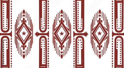 Sophisticated maroon ethnic pattern isolated on white background, showcasing stylized diamond and line motifs in a symmetrical, repeating design for fabric