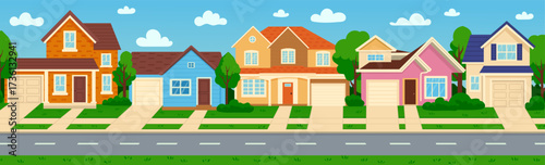 A street of houses with green trees and a road. Suburban street with cottages with garages. . Village. Cartoon vector illustration.