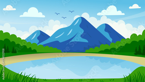 Cartoon panorama of summer nature, green meadow with flowers, forest, scenic blue lake, mountains on horizon background. Landscape vector illustration