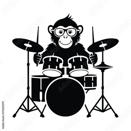 Funny monkey musician playing drums with glasses for creative music performance and entertainment silhouette