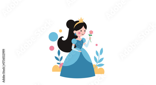 A beautiful princess with a crown holding a pink rose while standing in a garden.