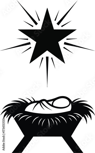 Nativity scene with star of bethlehem in black and white