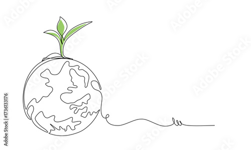 Happy earth day banner by green continuous single line drawing heart embrace and world map isolated on white background for banner in concept environment
