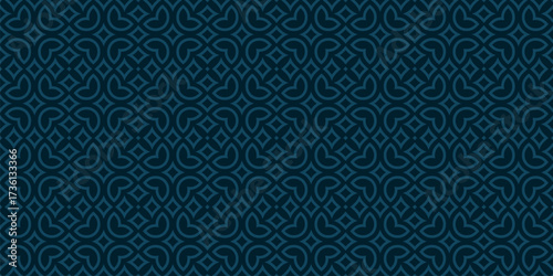 Vector floral seamless pattern in arabesque style. Dark blue texture with flowers, leaves, petals, curved shapes. Simple geometric background. Abstract oriental ornament. Elegant repeated print design