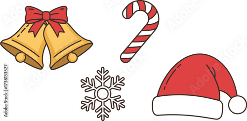 Holiday bells candy cane snowflake and santa hat icons