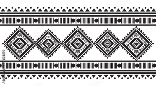 Striking black and white geometric border isolated on white background featuring diamond shapes, lines, and dots, creating a decorative and visually appealing design