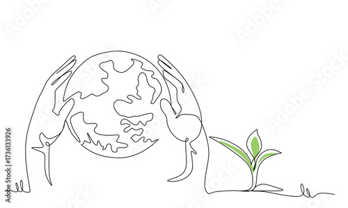 Happy earth day banner by green continuous single line drawing heart embrace and world map isolated on white background for banner in concept environment