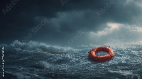 Dramatic Stormy Sea with Orange Lifebuoy, Symbolizing Hope and Rescue.
