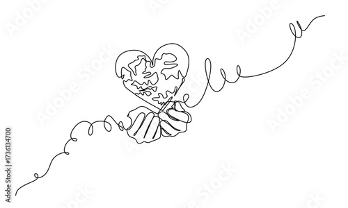 Happy earth day banner by green continuous single line drawing heart embrace and world map isolated on white background for banner in concept environment