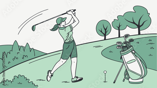 A woman golfer swings her golf club on a green course, with trees and a golf bag in the background, in a vintage line art style