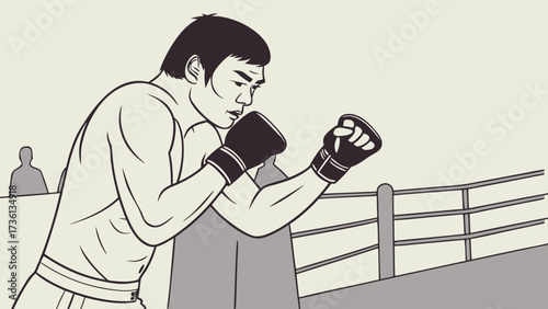 A determined boxer stands ready in the ring, gloves raised, poised for action, showcasing strength and focus in a captivating illustration