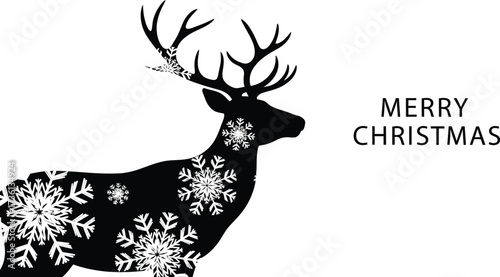 Black reindeer silhouette with snowflakes for merry christmas