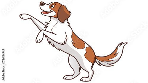 An adorable cartoon dog with brown spots is standing on its hind legs and reaching out with its paw