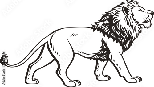 A majestic lion strides confidently, its powerful form and flowing mane captured in a striking black and white illustration
