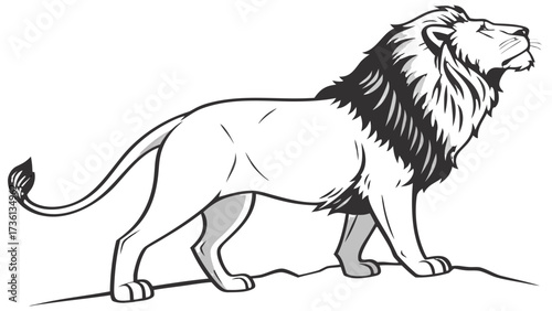 Majestic lion stands tall, head raised in a proud pose, showcasing its regal mane and powerful build