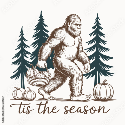 tis the season bigfoot pumpkin design funny sasquatch autumn thanksgiving fall holiday t shirt graphic vector art