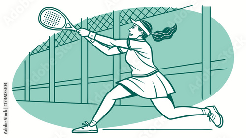 A determined woman in a visor is captured in a dynamic line art illustration, showcasing her powerful swing during an intense padel match on the court