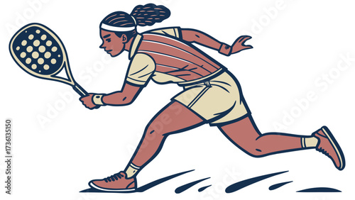 A female padel player in action, running to hit the ball with her racket, sportswoman playing padel tennis match