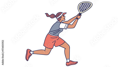 A female padel player in action, running to hit the ball with her racket, sportswoman playing padel tennis match