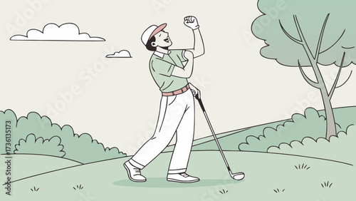 A golfer in a light green shirt and white pants celebrates a successful shot on a sunny day with trees and clouds in the background on the golf course