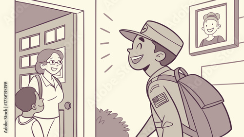A soldier returns home to his family, greeted by his mother and brother at the door with a smile, happy to be back after serving his country