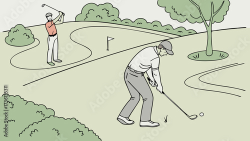 Two golfers are playing on a green golf course, one swinging and the other watching, surrounded by trees and a flag on the green