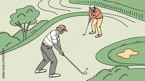 Two golfers are playing on a lush green golf course, enjoying a sunny day and the challenge of the game with trees and sand bunker