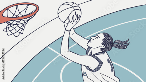 A female basketball player in a jersey is about to shoot the ball into the hoop, with a focus on her determined expression and athletic skill