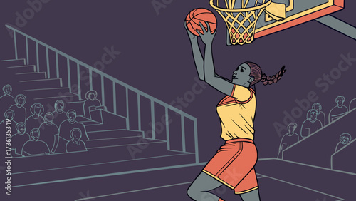 A female basketball player in a yellow jersey is about to shoot the ball into the hoop, with a crowd watching from the stands in anticipation