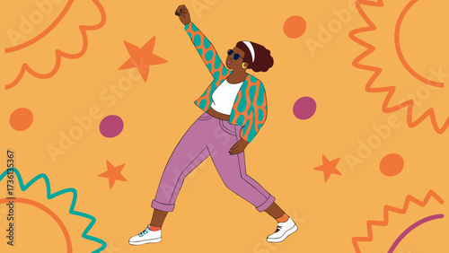 A stylish black woman in a jacket and sunglasses is dancing with confidence and flair, surrounded by colorful stars and sunbursts