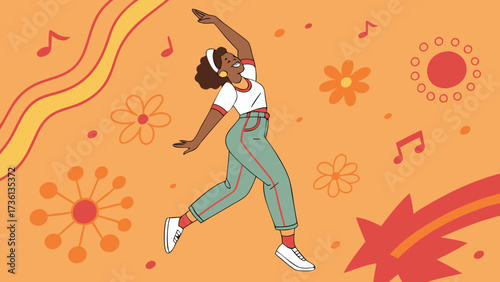 A joyful black woman is dancing with a smile on her face surrounded by flowers, stars, and musical notes in a retro 70s style illustration