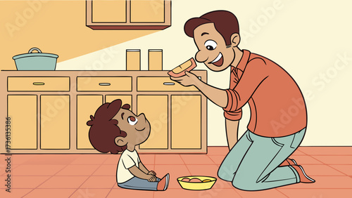 A father is feeding his son a piece of bread in the kitchen, creating a heartwarming moment of love and care between parent and child