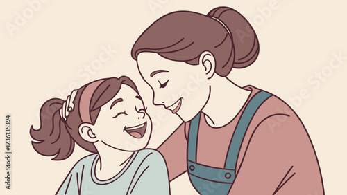 A mother and daughter share a loving moment, their faces close as they smile and connect, showcasing the bond between family members