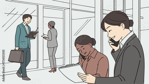 Business people in suits are talking on the phone and holding documents in the office hallway, discussing work issues and smiling at each other