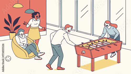 Four colleagues are playing table football in the office, laughing and cheering, enjoying a break from work and having fun together