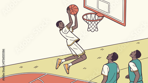 A basketball player is jumping to score a point, with his teammates watching him from below, creating a dynamic and exciting scene