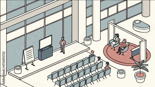 Isometric conference room with presentation setup, audience, and discussion area, ideal for showcasing business meetings and corporate events