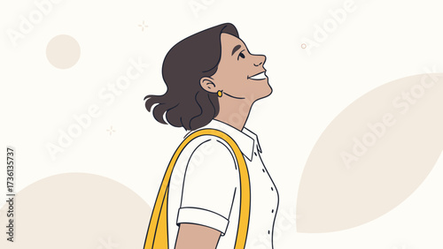 A young woman with short hair and a yellow bag looks up at the sky with a smile, feeling hopeful and optimistic