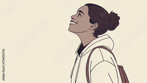 A young black woman with a backpack looks up and smiles, feeling hopeful and optimistic about the future