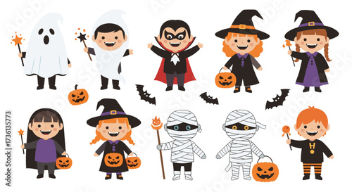 A collection of cute halloween characters in costumes.