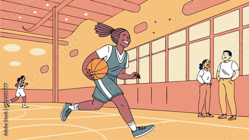 A cheerful young woman dribbles a basketball down the court with a determined expression, while her friends watch from the sidelines in a gymnasium