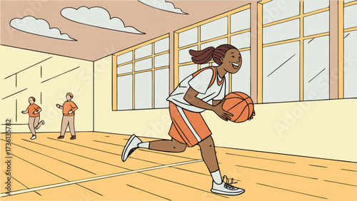 A focused young woman dribbles a basketball down the court with determination, while her friends watch from the sidelines in a gymnasium setting