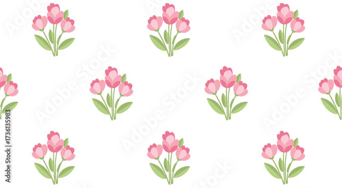 Seamless pattern isolated on white background featuring delicate pink tulips with green leaves, creating a charming and feminine floral design for various applications